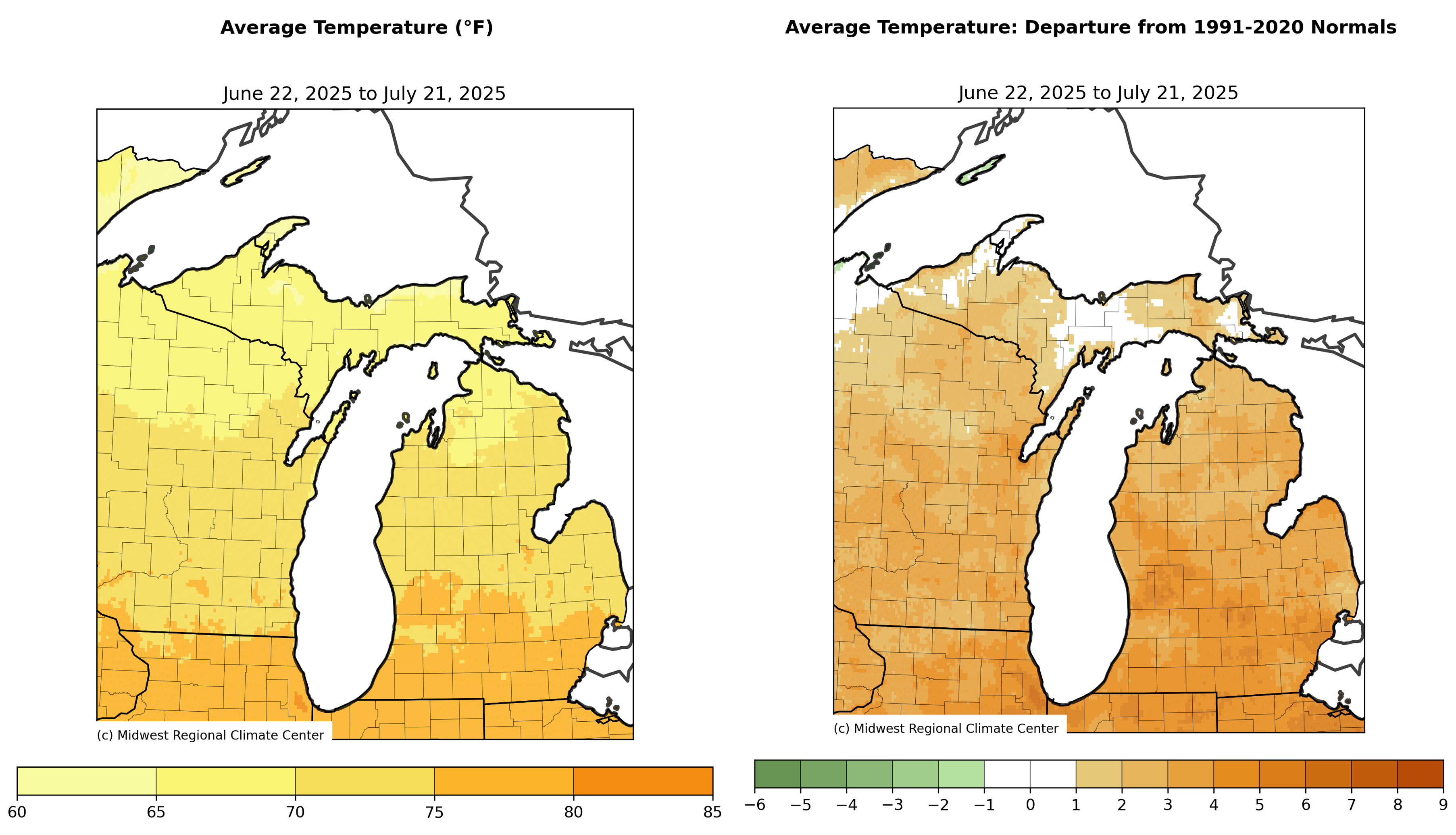 Average Temperature and Departure from Normal (June 22–July 21, 2025) Left Panel: Map showing average daily temperatures in Michigan ranging from 65°F to 85°F. Warmer temperatures are in the southern part of the state. Right Panel: Temperature departure from the 1991–2020 normals. Most of Michigan shows above-average temperatures, with departures of 2–6°F, especially in southern areas shaded in orange.